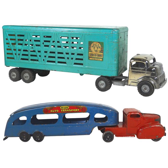 Toy trucks (2), Marx Deluxe Auto Transport, pressed steel w/metal tires