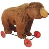 Image 1 : Toy, Steiff bear on wheels, brown plush bear w/non-working growler mech, missing button on ear, o/wi