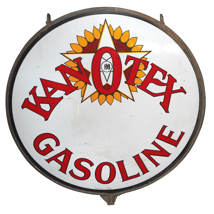 Petroliana, KanOTex porcelain 2sided hanging sign in steel frame, mfgd by Burdick Enamel Sign Co.