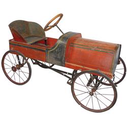 Child's pedal car, maker unknown, early 1900's, wood & metal w/orig red, green & black paint & detai