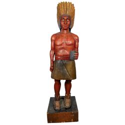 Cigar Store Indian, carved wooden chief, some splitting, painted eyes, bonnet, hair & cigars, has a 