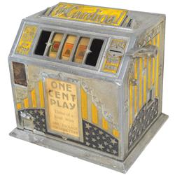 Coin-operated trade stimulator, The Cardinal, 1 Cent w/cigarette reels, cast aluminum, orig lock but
