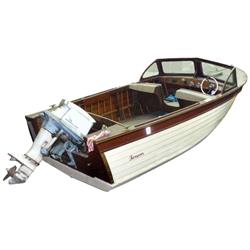 Speed boat, 1959 Thompson Woodie w/Long-Tail Johnson engine (works), 16 ft long, comes w/trailer, al