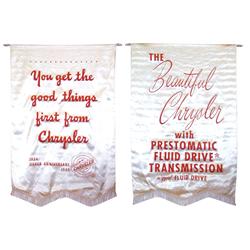 Petroliana, Chrysler dealer showroom banners (2), both fabric, c.1940s, VG cond, 60"H x 40"W.