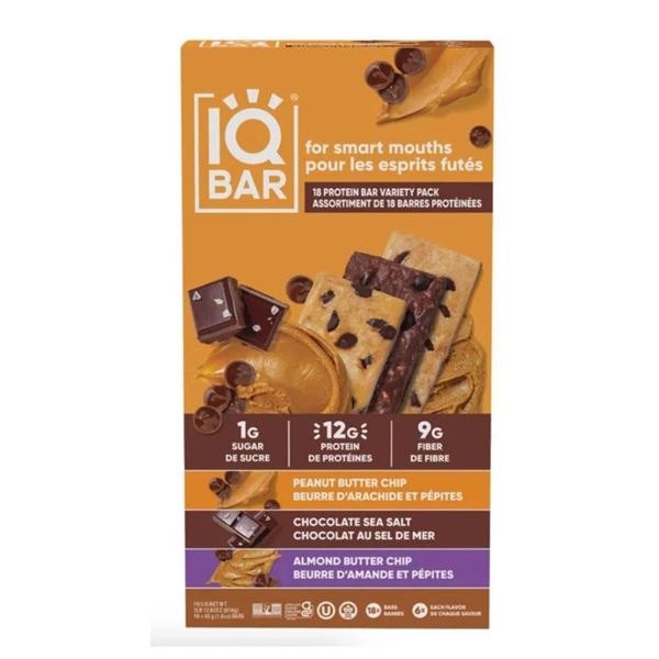 IQBAR Assortment of 18 Protein Bars Variety Pack, 12g Protein, 1g Sugar Per Bar