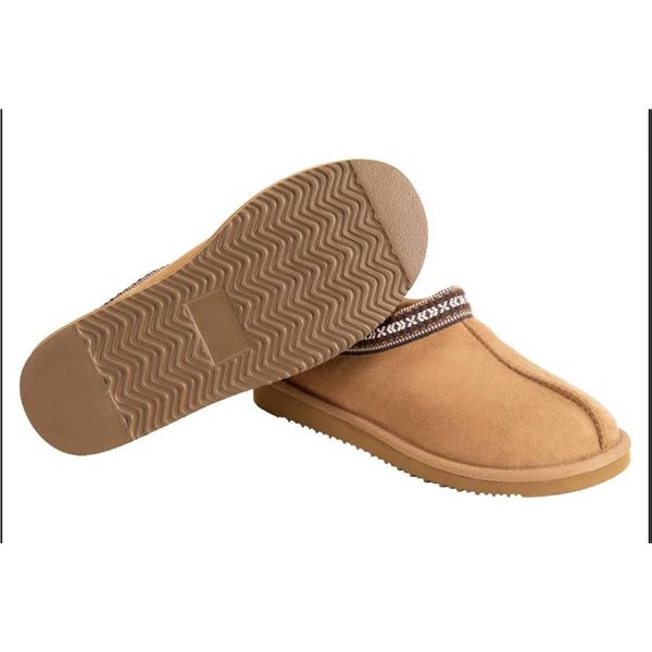 Sheepskin-Lined Slip-On Shoes, US 7 / UK 6 / EU 39, Tan with Embroidered Trim