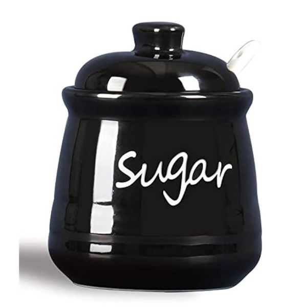 Black Ceramic Sugar Bowl With Lid and Spoon, 12 Oz Capacity
