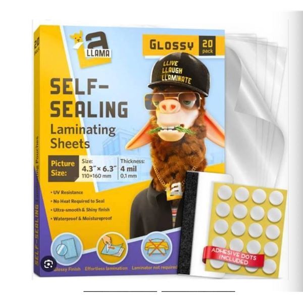 A Llama Self-Sealing Laminating Sheets Glossy 20-Pack 4.3x6.3 Inches
