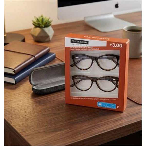 Foster Grant Blue Light Reading Glasses +3.00 - 2 pair