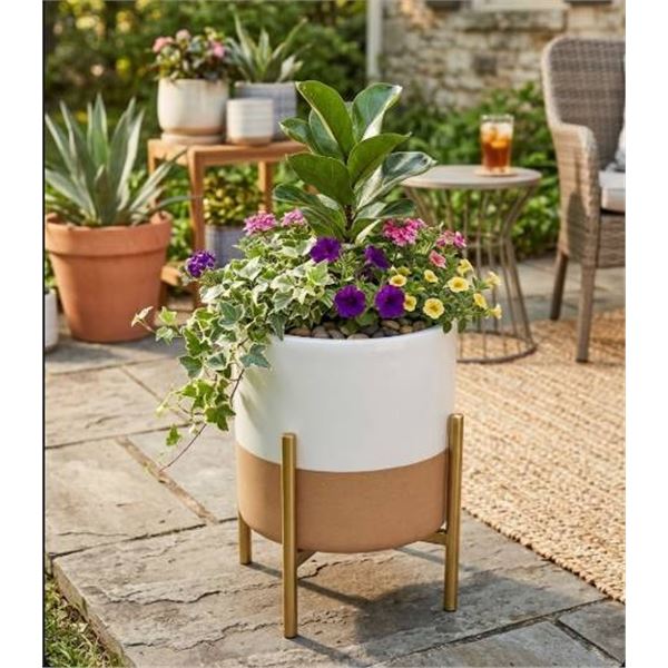Rivet Mid-Century Ceramic Planter With Iron Stand