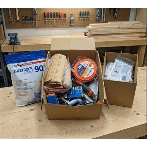 Box lot of Assorted Shop supplies, Drywall compound, toold and more