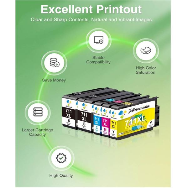 Jettruemedia 711XL Ink Cartridges, High Yield, 5-Pack (2 Black, C/M/Y)
