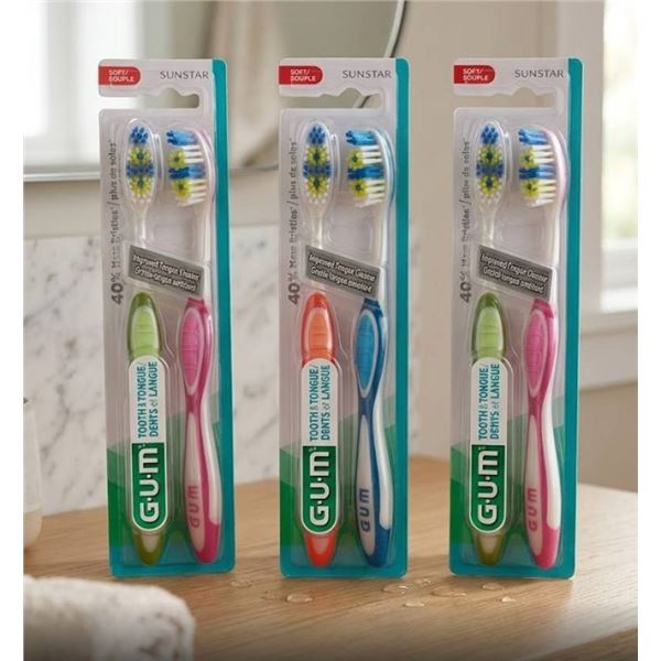 Lot of 3 - GUMÂ  Soft Toothbrush Set with Tongue Cleaner,Â  Assorted Colors 2 per Pack