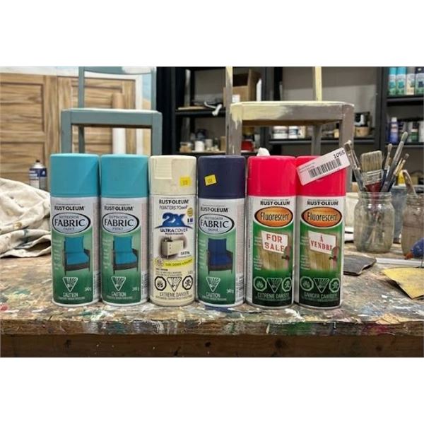 Lot of Assorted Rust-Oleum Spray Paints Including Outdoor Fabric and Fluorescent, 340-312 mL