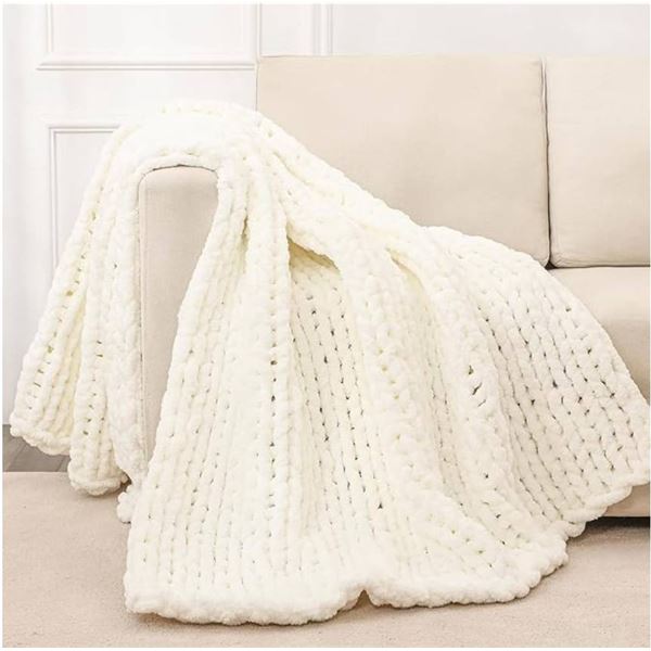60" x 80" Bigacogo Chunky Knit Blanket Throw for Couch or Bed, White