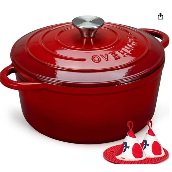 Overmont Enameled Cast Iron Dutch Oven - Cookware with Cookbook Cotton Heat-resistant Caps - Heavy-D