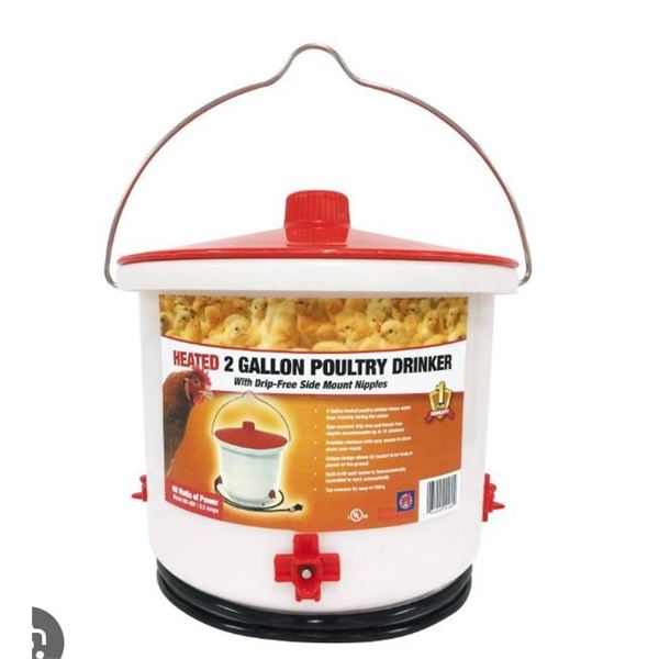 Heated 2 Gallon Poultry Drinker with Drip-Free Side Mount Nipples **NO LID**