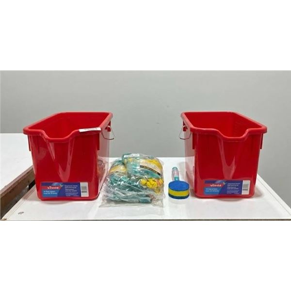 Lot of 2 - Vileda 15L Graduated Buckets, 12 Pairs of Latex Gloves And 1 Fillable Dish Scrubber