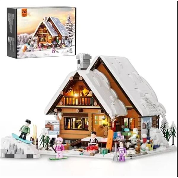 FUNWHOLE Christmas Ski-Cabin Lighting Building-Bricks-Set - Retro Christmas Winter Snow House Collec