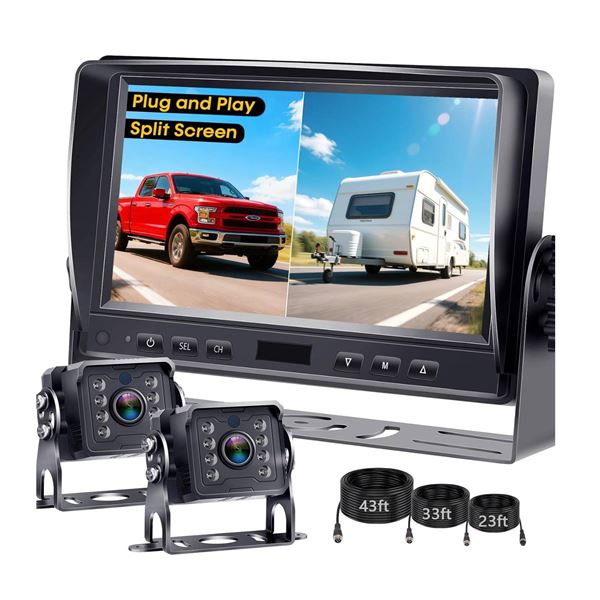 Dual RV Backup Camera System: 7" Monitor with Split Screen No Lag Easy Installation Plug and Play HD