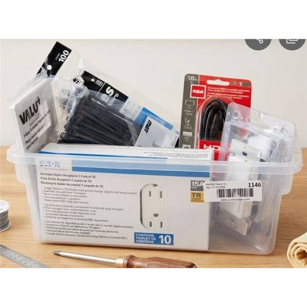 Lot of Assorted Containing Electrical Components Including HDMI Cable, Receptacle, and Cable Ties