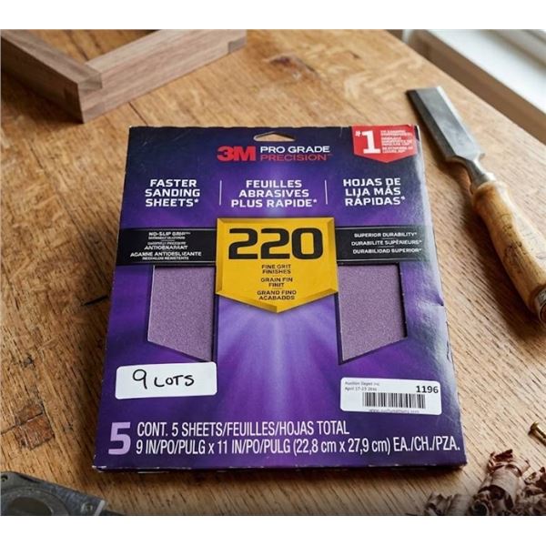 Lot of 9 - 3M Pro Grade Precision 220 Grit Sanding Sheets 5 Sheets Per Lot