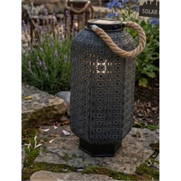 Hexagonal Black Solar Lantern with Rope Handle and LED Lights