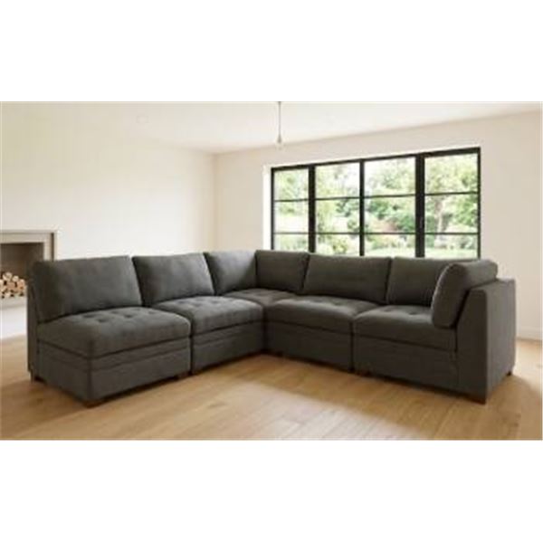 Modular Gray Fabric Sectional Sofa with Tufted Cushions and Wooden Legs