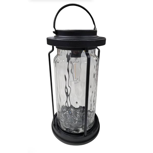Decorative Solar-Powered Lantern With Glass Panels and Metal Frame