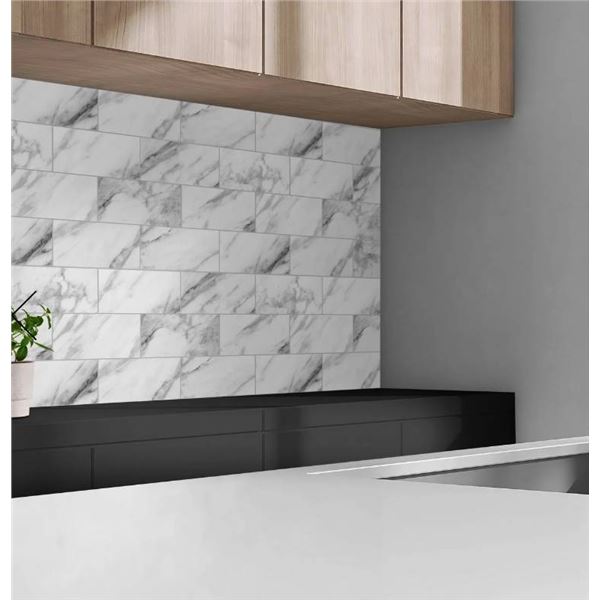 Durawall Composite Backsplash Tiles, 16 Tiles, Carrara Marble And Grigio Travertin