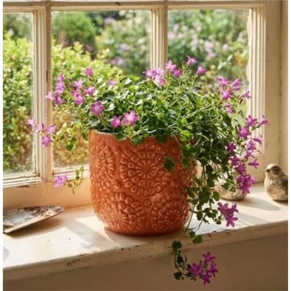Lot of 2 - Stone & Beam Flowerpot with Textured Floral Design, Orange, 4.5-Inch Diameter