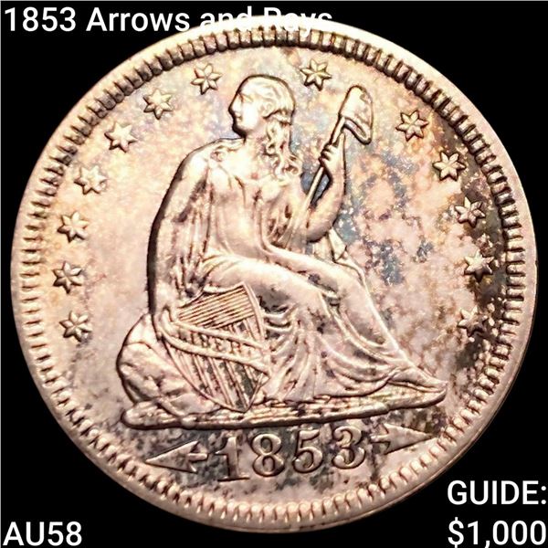 1853 Arrows and Rays Seated Liberty Quarter CHOICE AU