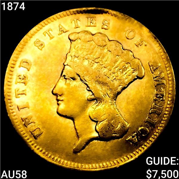 1874 $3 Gold Piece CHOICE AU