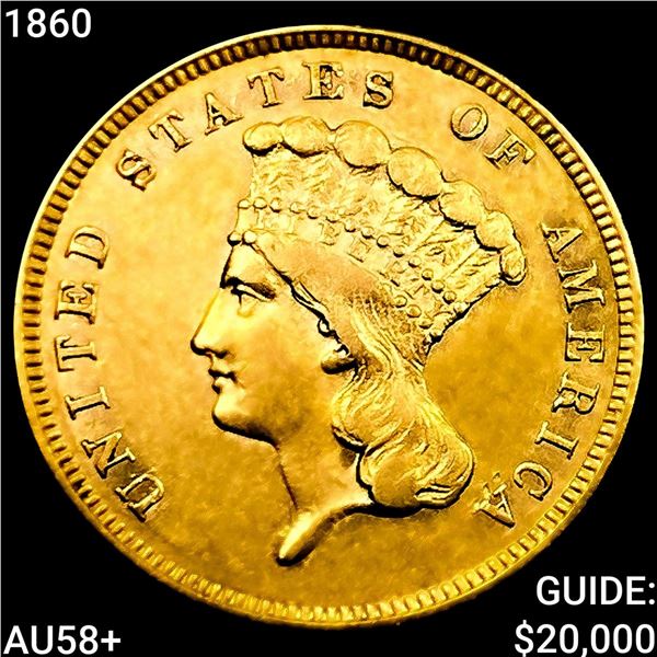 1860 $3 Gold Piece CHOICE AU+
