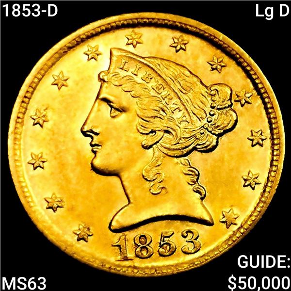 1853-D Lg D $5 Gold Half Eagle CHOICE BU