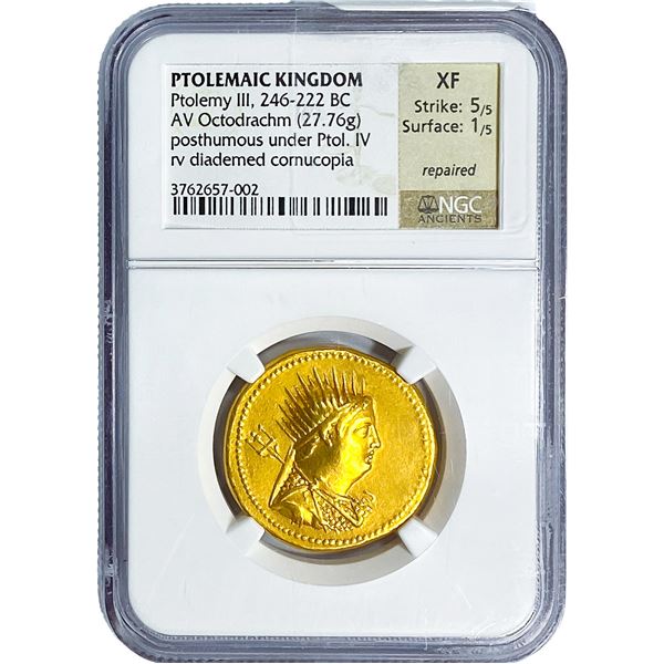 Ptolemaic Ptolemy III, 246-222 BC Gold Octodrachm NGC XF