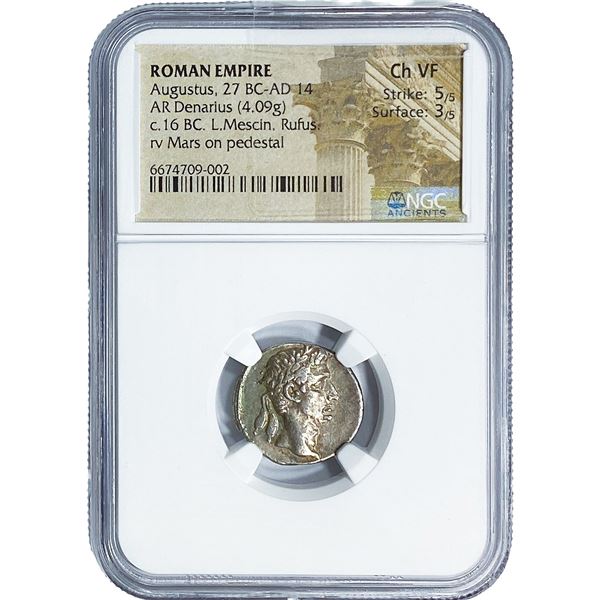 Roman Augustus, 27 BC-AD 14 Silver Denarius NGC Ch VF