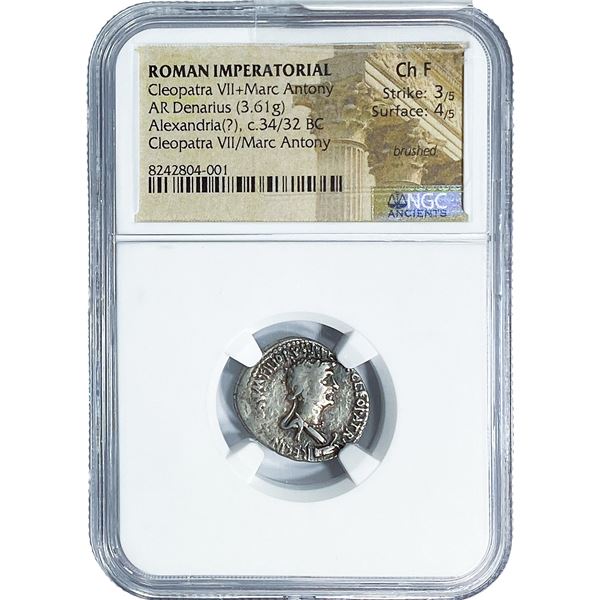 Roman Cleopatra VII+Marc Antony Silver Denarius NGC Ch F
