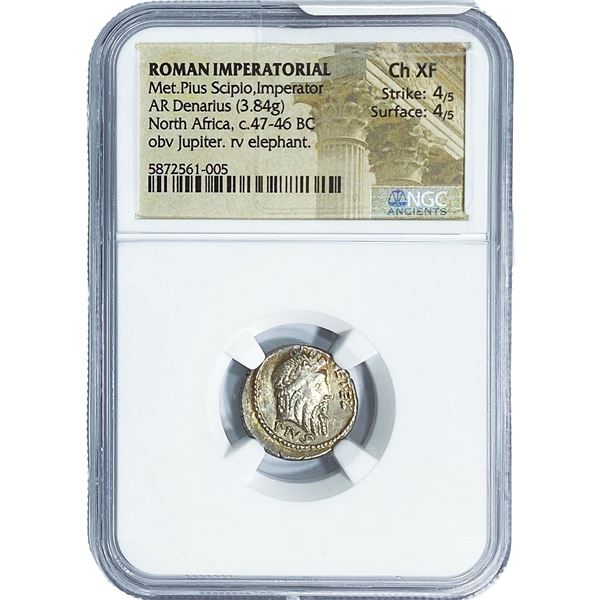 Roman Met.Pius Scipio, Imperator Silver Denarius NGC Ch XF