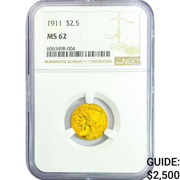 1911 $2.50 Gold Quarter Eagle NGC MS62