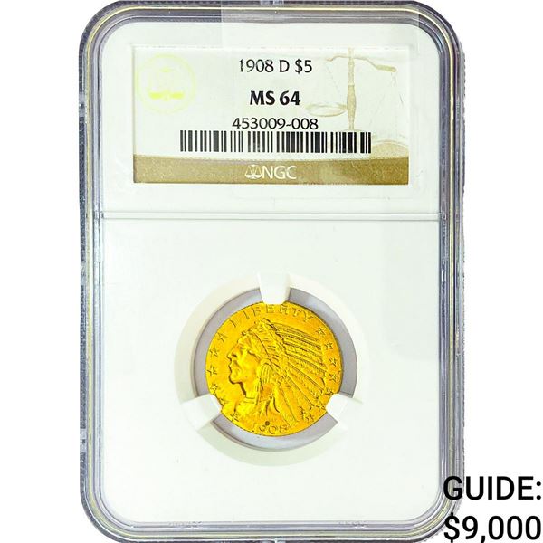 1908-D $5 Gold Half Eagle NGC MS64