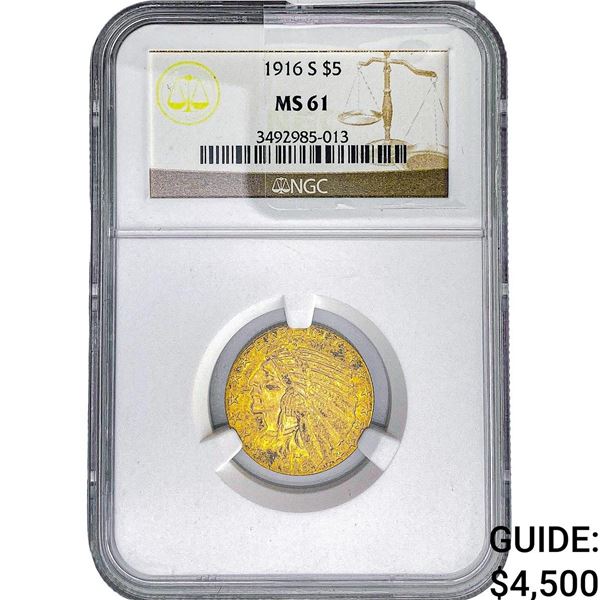 1916-S $5 Gold Half Eagle NGC MS61