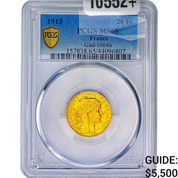 1913 France 20 Francs .1867 AGW PCGS MS65