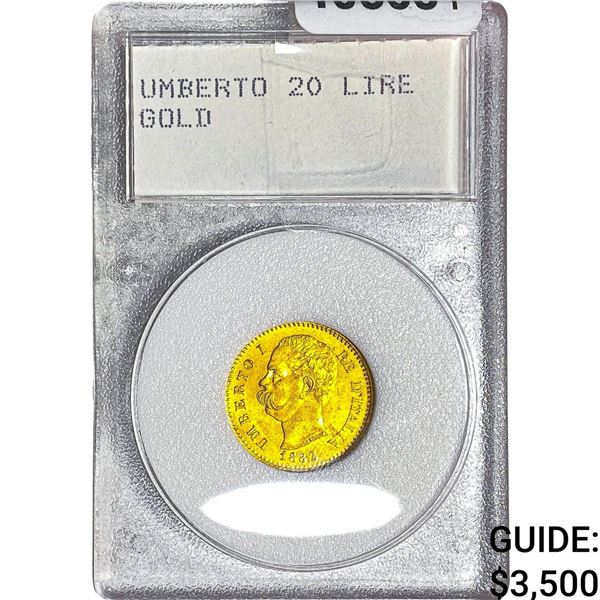 1882 Italy Umberto Gold 20 Lire .1867 AGW WMP