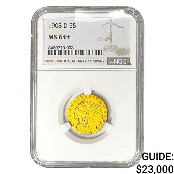 1908-D $5 Gold Half Eagle NGC MS64+