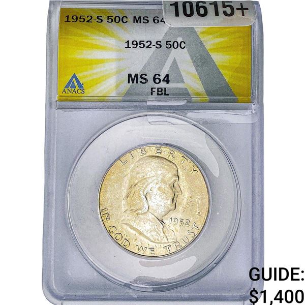 1952-S Franklin Half Dollar ANACS MS64 FBL