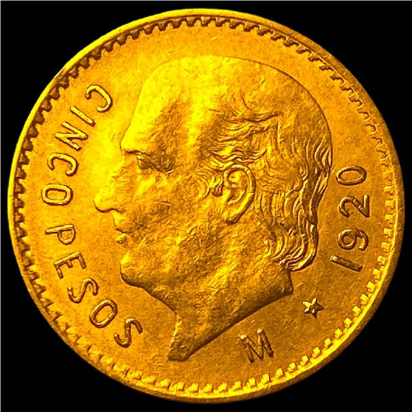 1920 Mexico Gold 5 Pesos CHOICE AU