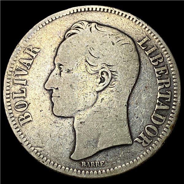 1887 Silver 5 BolÃƒÆ’Ã‚Â­vares Venezuela LIGHTLY  CIRCULATED