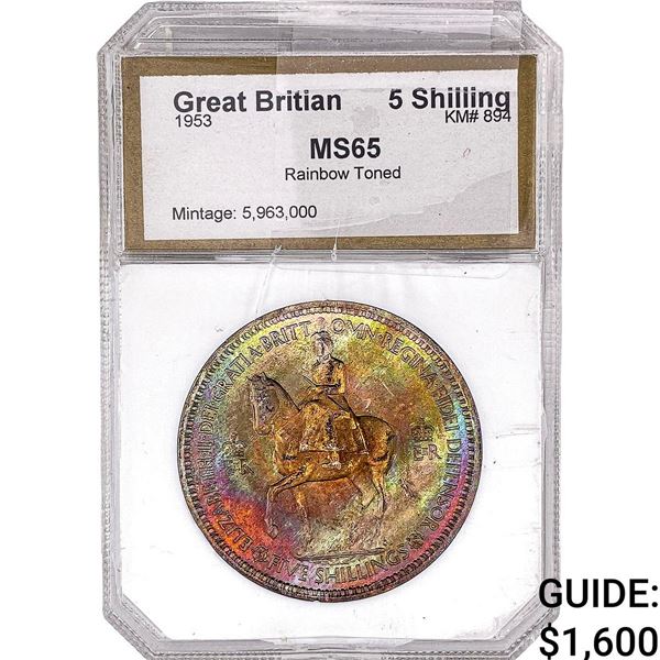1953 Great Britain 5 Shilling PCI MS65 Rainbow Toned