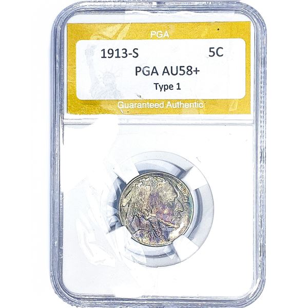 1913-S Buffalo Nickel PGA AU58+ Type 1